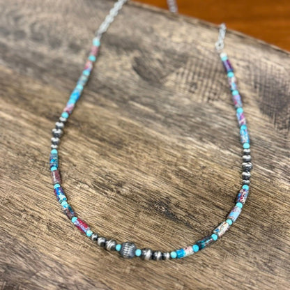 Corrugated Silver Pearl and Jasper Barrel Bead Necklace